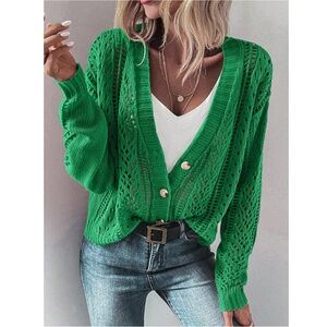 V-Cut Buttoned Green Light Cardigan Textured, Long Sleeve